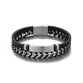 Double-layer braided black leather bracelet with silver stainless steel chain and magnetic clasp - Black Leather Silver Chain Metal Plate