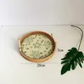 Handwoven rattan round tray with green floral pattern and wood handles, 28cm diameter - Starfruit / Large 28x3cm