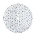 White plush Christmas tree skirt featuring colorful pastel feather prints and soft texture - Colorful Feathers / 90cm