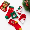 Set van 5 paar cartoon kerstsokken met kerstman- en elandpatronen op witte achtergrond - S (1-3 Jaar) / Kerstsokken Set C (Met 3D Rendier)