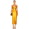 Elegante abito midi in raso dorato con spalline sottili e busto a pieghe per le feste - S