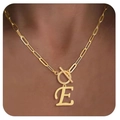 Golden paperclip chain necklace with T-bar toggle and cursive letter E pendant - Letter E