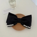 Elegant large black bow hair claw clip with pearl accents in a French vintage style - Black Pearl Bow Duckbill Clip