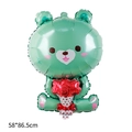 Green cartoon bear foil balloon holding red flowers for wedding decor, size 58x86.5cm - Assembled Green Magic Bear with Bouquet