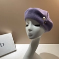 Elegant purple wool beret with white pearl and gold bead accent on a model head - M (56-58cm) / Light Purple