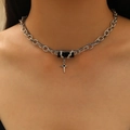 Detail of double-layer punk necklace with black rectangular module and silver cross pendant - Black Stone Necklace (5690) / Silver And Black With Black Stone (5690)