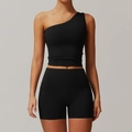 Ensemble de yoga noir pour femme avec haut asymétrique et short de compression taille haute - S / Haut Et Bas / Noir Premium (Haut+Short)