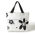 White woven tote bag with black flower print and elegant typography art - Small / White Flower