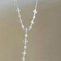 Collar en Y plateado con cruces, pedrería luminiscente y colgante de gota elegante - Estilo Borla de Cruz / Plateado