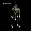 Geometric gold suncatcher with natural malachite stone and sparkling crystal prisms - 3cm Malachite Wind Chime Pendant