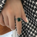 Vintage 925 silver ring featuring emerald gemstone and twist cable band design - Silver Twist Texture Band with Rectangular Green Gemstone (J1269) / Adjustable Open