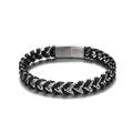 Men's multi-layer braided black leather bracelet with silver metal chain and magnetic clasp - Black Leather Silver Chain