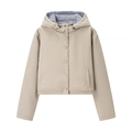 Women's beige hooded windbreaker jacket with blue plaid lining and metal snap buttons - S / Off White