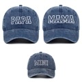 Matching set of washed denim baseball caps with PAPA, MAMA, and MINI white embroidery - Navy PAPA+MAMA+MINI (3-Piece Set)