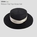 Women's black flat top straw boater hat with a chic beige decorative ribbon band - D-582 Black With White Stripes / M (56-58cm)