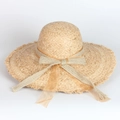 Wide brim raffia sun hat with bow decoration and frayed edges for beach wear - Adjustable / Natural Straw Color