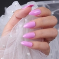 Glossy pink purple almond press-on nails shown on hand with elegant lace background - Glossy Pink Purple (JJL-11)