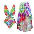 Tropical floral cutout swimsuit set with matching ruffled high-low skirt for women - S / V-Neck Cut-Out One-Piece Swimsuit With Sarong