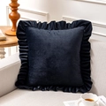 Navy blue velvet throw pillow cover with vintage ruffled edges on a modern sofa - Black Frosted Velvet Ruffled Edge Pillow Cover
