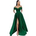 Elegant off-shoulder emerald green satin prom dress with high slit and side pockets - US 2 / Dark Green