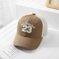 Close-up of kids mesh trucker hat with breathable mesh back and Number 23 embroidery - 50cm (1-3 Years) / Style 23-Dark Khaki
