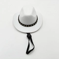 Top view of white western cowboy hat with gold star hatband and adjustable black drawcord - Cowboy Drawstring / White