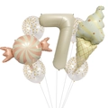 Detail set of ice cream and candy foil balloons with a number 7 for birthday party decor - Number 7 Dessert Set