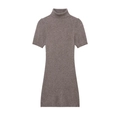 Brown slim-fit knit mini dress with high collar and short sleeves in premium knit texture - S / Khaki