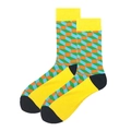 Mid-cut cotton socks with yellow accents and blue geometric cube patterns for men - 38-46 / Lemon Yellow Geometric Cube