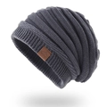 Dark gray ribbed knit beanie with a brown faux leather Sport label for outdoor warmth - Solid Grey
