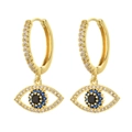 14K gold plated evil eye earrings with blue crystals and pearls on white background - Gold (ES0004-GD)