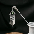 Silver hair pin with green turquoise hollow flower pendant and long metal tassels - Silver/F360/Hollow Round Green Bead
