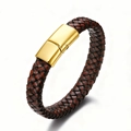 Handmade braided leather bracelet for men with dark brown cord and golden magnetic clasp - Gold-plated Shiny Buckle 21cm (with Red Leather Cord)