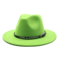 Detailed macro view of neon green fedora hat with textured belt and silver metal buckle - M (56-58cm) / Fruit Green