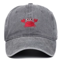 Macro detail of red crab embroidery on washed grey cotton denim vintage baseball cap - One Size / Gray