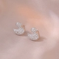 Silver duck stud earrings featuring sparkling white zircon micro-pave setting - Cartoon Duck Style (E0048)