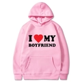 Pink I Love My Boyfriend hoodie sweatshirt with black bold text and red heart graphic - S / Tops / Pink (I ❤️ MY BOYFRIEND)