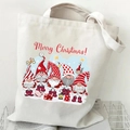 Canvas tote bag with Christmas gnomes print and Merry Christmas text on off-white fabric - Christmas Penguins (06) / White