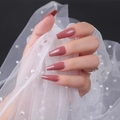 Glossy long coffin press-on nails in dusty rose pink, shown with elegant pearl mesh - Dusty Rose (ZBLL-11)