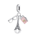 Silver Eiffel Tower camera and glasses charm bead for bracelet with pink enamel - Tower Glasses Pink Camera