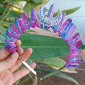 Detailed view of handmade crystal crown headband with pink and blue gradient stones - Pink Blue Mixed