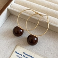 Detail of golden circle earrings with dark brown resin ball charms on white velvet case - Hoop Style (3# Gold-Dark Coffee)