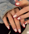 Detail of French square fake nails with red heart patterns and white jelly base - BZ1643 Red Heart White Edge / Glue Type