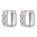Silver rectangle hoop earrings with star-shaped settings and colorful zircon crystals - VE1586 Colorful Zircon Rectangular / White Gold