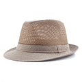 Men's khaki summer fedora hat featuring hollow mesh weave and decorative ribbon band - M (56-58cm) / Khaki
