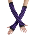 Long purple and black striped knit fingerless arm warmers with thumb holes - Fingerless Gloves with Thumb Hole / Purple Black Striped