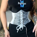 White lace corset waist belt with elastic band and ribbon lacing for dresses - White