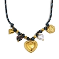 Collar de cuerda trenzada vintage con colgantes de corazón bañados en oro 18K y perlas - Collar de Cuerda Trenzada Con Colgante de Corazón - Dorado