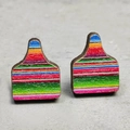 Macro detail of wooden stud earrings with vibrant Mexican serape stripe patterns - 2-Rainbow Tag