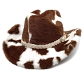 Cappello da cowboy in morbido peluche con stampa mucca marrone e bianca e corda intrecciata - M (56-58cm) / Corona Piatta / Caffè